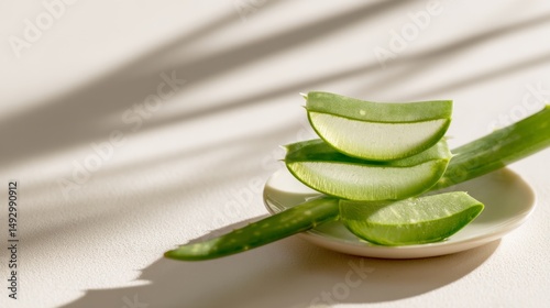 Fresh Aloe Vera Slices on Clean Neutral Surface with Soft Shadows