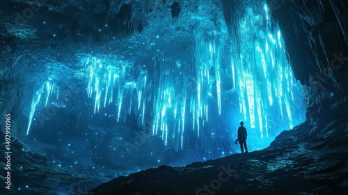 A tourist exploring ancient caves with glowing stalactites.