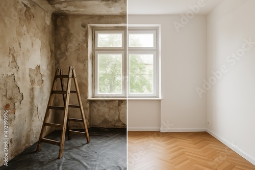 A dilapidated room before and after renovation, showing a wooden stepladder and a window; concept for home renovation, interior design, and architecture