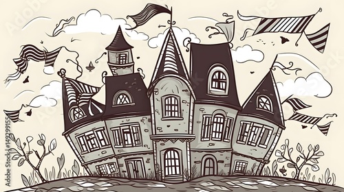 94. Flying magic school with happy windows and flags, illustrated in bold cartoon black lines