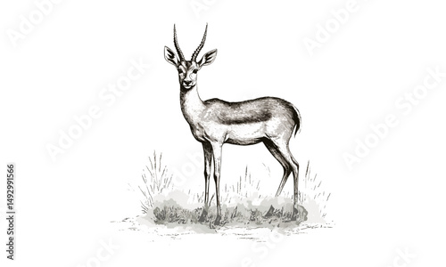 Hand-drawn Antelope Engraving, Monochrome Wildlife Line Art, Vintage Mammal Etching, Rustic Nature Illustration, Retro Fauna Drawing, Black Sketch, Detailed Grassland Animal Print