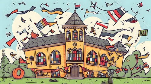 94. Flying magic school with happy windows and flags, illustrated in bold cartoon black lines