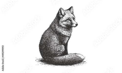 Vintage Black Sketch Arctic Fox, Old Engraving Style Wildlife Art, Monochrome Cold Climate Animal Drawing, Trendy Retro Nature Decor, Detailed Hand-drawn Etching
