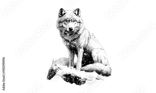 Hand-drawn Arctic wolf engraving, vintage black sketch, winter mammal illustration, monochrome wildlife etching, nature decor, wilderness art, old engraving style, trendy animal print