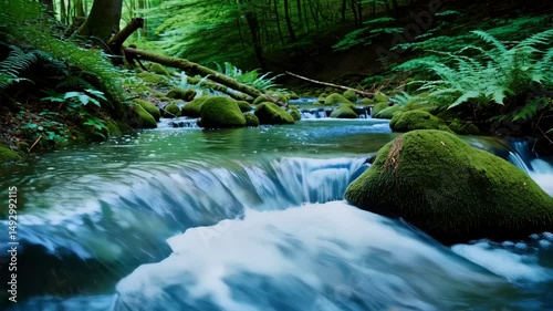 Scenic forest stream flows over mossy rocks, creating small waterfalls in a serene natural environment with vibrant green foliage.