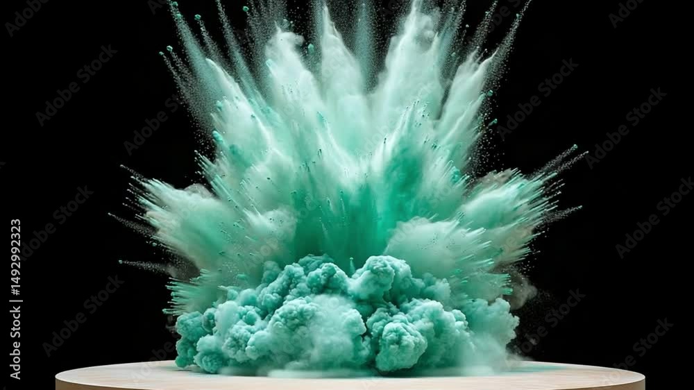 Powerful Green Explosion with Dynamic Water Splash and Airborne Particles Against Black Background