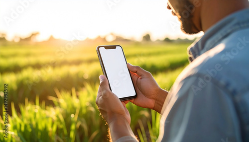 Connecting with Nature: A young man in a blue shirt, with a green field as his backdrop, uses a smartphone to capture the breathtaking sunset. He stands in a green field.