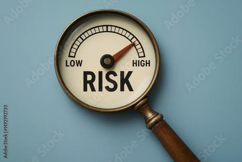 Vintage magnifying glass showing a risk meter with a needle pointing to high, concept for business analysis and financial risk assessment