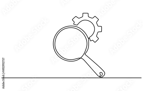 Continuous one line drawing Search engine optimization line icon vector illustration concept, Gear and magnifying glass linear icon. Continuous one line drawing gear and magnifying glass icon, pro.