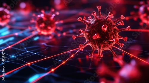 A virus spreading through a virtual network shown as glowing red lines on a dark grid.