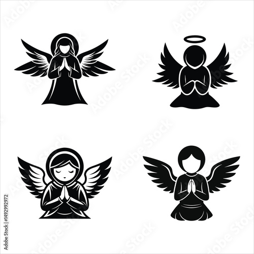 Angel Silhouette with Trumpet Minimalist Black Vector 