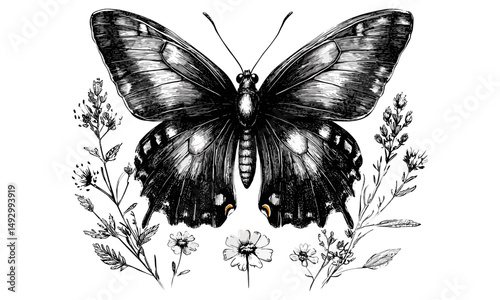 Retro Butterfly Hand-drawn Engraving, Vintage Wildlife Etching, Detailed Monochrome Insect Line Art, Rustic Garden Illustration, Old engraving style, black sketch, natural fauna art
