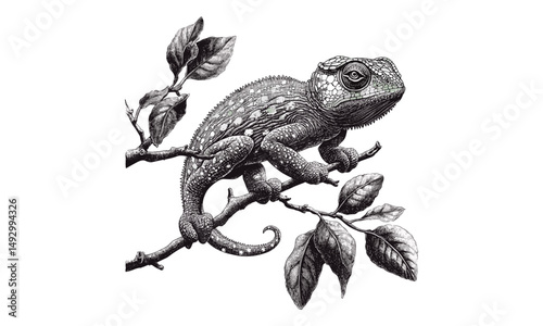 Hand-drawn monochrome chameleon changing color, vintage reptile line art, detailed nature illustration, rustic fauna sketch, wildlife etching, black sketch, old engraving style
