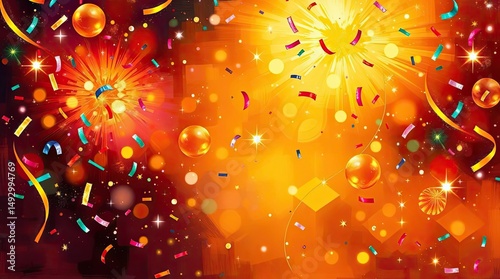 Festive background with colorful confetti, spheres and light bursts illustration
