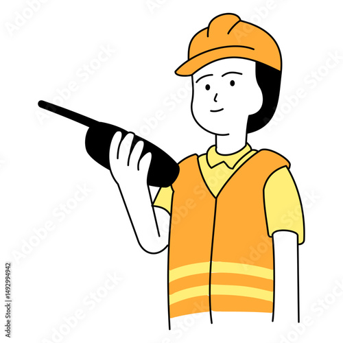 Flat outline illustration of a construction worker with tools used and a worker suit