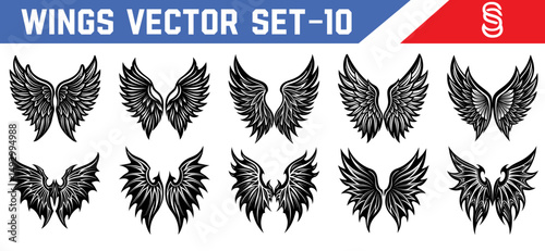 Vector pack of gothic angel and demon wings in black silhouette style for creative design tattoos character art and fantasy illustration.