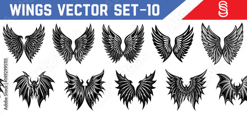 Collection of decorative black wings angel and demon vector silhouettes with detailed feathers for use in design tattoo and creative projects.