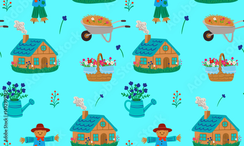 cottagecore garden seamless pattern, scarecrow house flowers wheelbarrow watering cans, blue background, cute farm style clipart kids cards decor