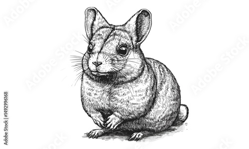 Hand-drawn engraving of chinchilla, vintage pet mammal, monochrome etching style, retro small mammal art, black sketch, old engraving style, pet decor prints, wildlife illustration
