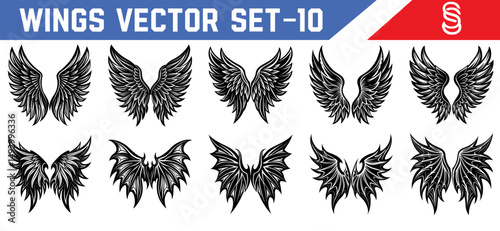 Black wings vector pack featuring angel and devil styles clean symmetrical feather silhouettes for fantasy art tattoo designs and spiritual illustrations.