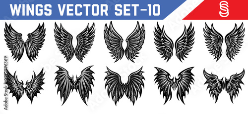 Vector black wing icons in angel and demon styles elegant symmetrical feathers for fantasy character design mythological scenes and gothic artwork.