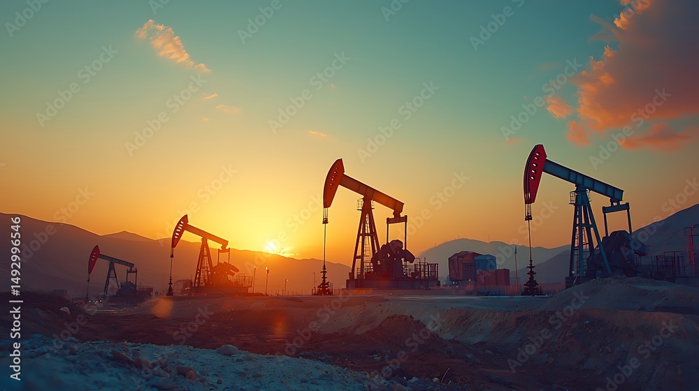 Fototapeta premium Sunset Over Oil Pumps in Mountain Landscape with Vibrant Colors