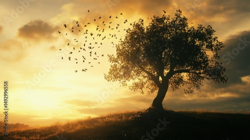 The Mustard Seed: A small mustard seed growing into a large tree, with birds nesting in its branches under a bright sky.