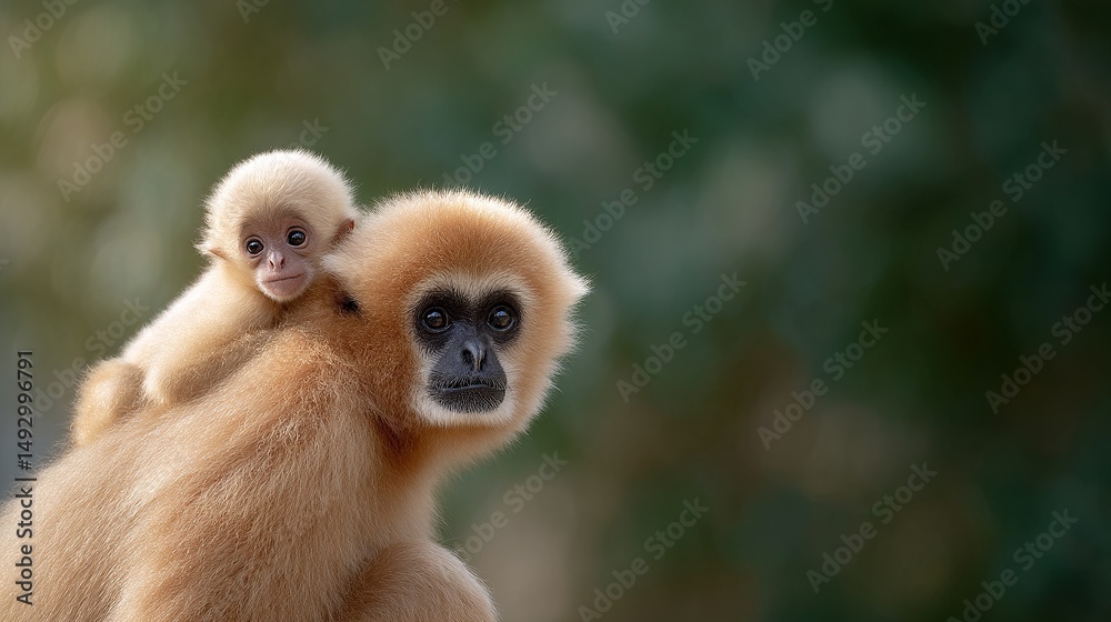 Fototapeta premium A beautiful moment between a mother gibbon and her baby. This heartwarming scene captures their bond in a nature setting. Perfect for wildlife enthusiasts and educators. AI