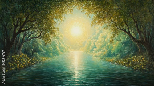 The River of Life: A crystal-clear river flowing from Godâ€™s throne, lined with trees bearing fruit in a glowing paradise.