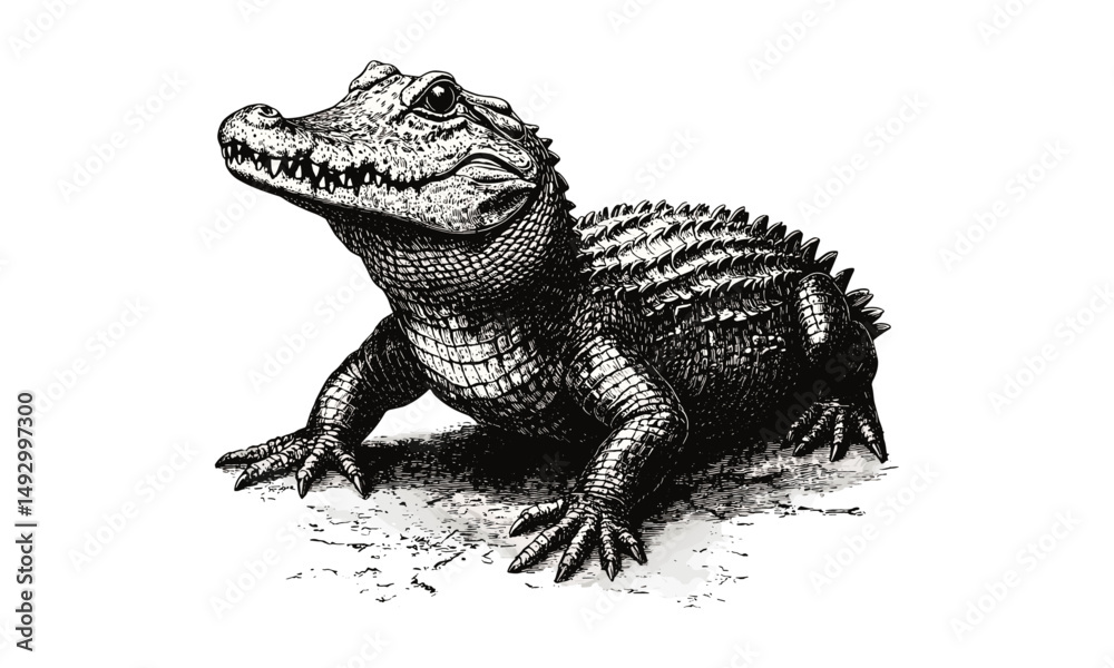 Fototapeta premium Crocodile Lurking Hand-drawn Engraving, Monochrome Reptile Line Art, Vintage Wildlife Etching, Rustic Fauna Drawing, Retro Nature Print, Old Engraving Style, Animal Sketch