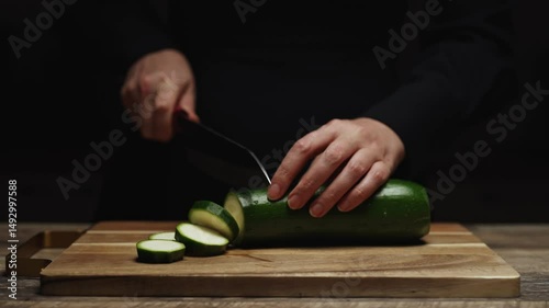 Female Chef Slicing Zucchini on Wooden Cutting Board.