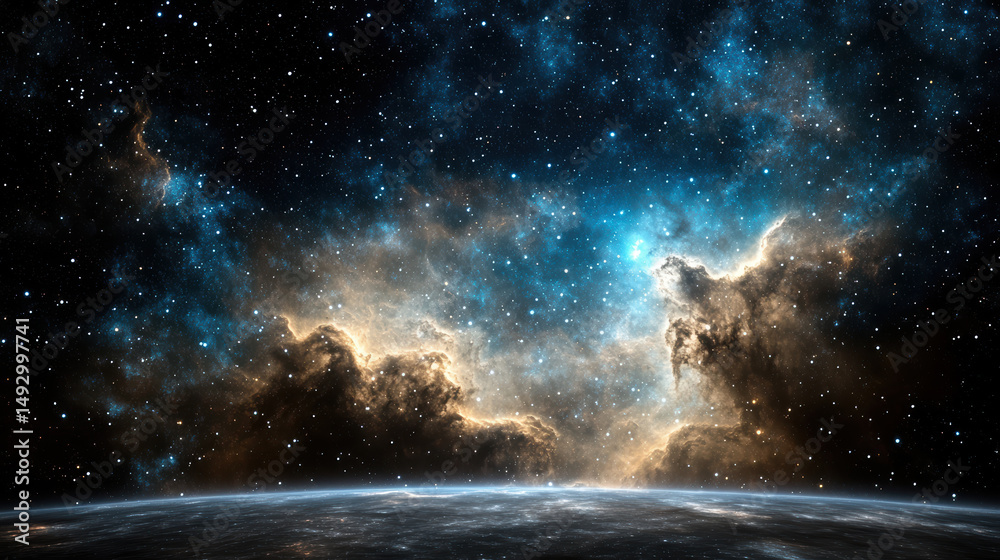 Fototapeta premium Stunning cosmic scene featuring vibrant nebula illuminated by golden and blue hues