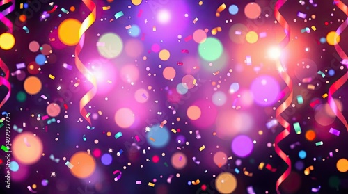 Festive celebration background with bokeh lights and colorful confetti