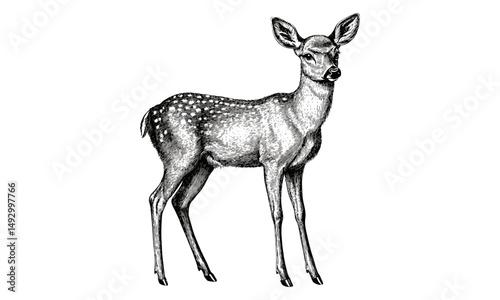 Woodland animal engraving, vintage deer drawing, hand-drawn profile sketch, retro wildlife art, monochrome nature illustration, old style etching, classic forest creature, rustic wildlife design