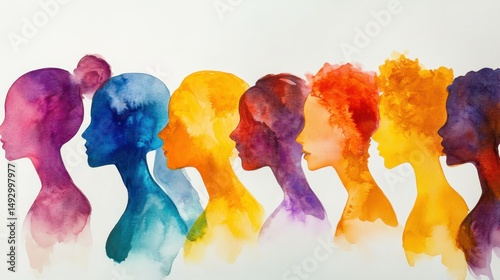 Abstract colorful art watercolor painting depicts International Women's Day, 8 March of different cultures and ethnicities together. concept of gender equality and the female empowerment movement.