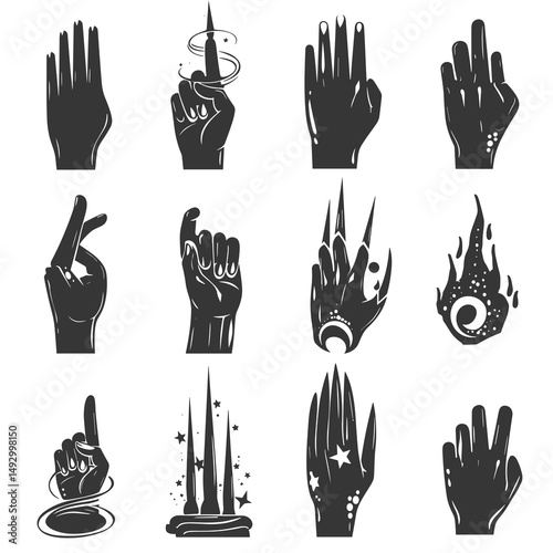 Mystical Hand Gestures:  A set of 12 hand gestures symbolizing magic and power.