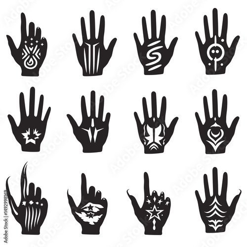 Hand Tattoo Collection: A versatile set of 12 black and white hand tattoo illustrations in various stylized designs, ideal for design projects.