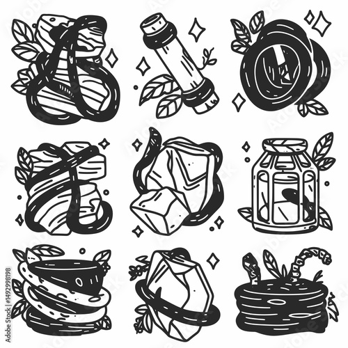 Magical Symbol Collection: A curated collection of mystical illustrations, featuring ancient symbols and natural elements such as crystals.
