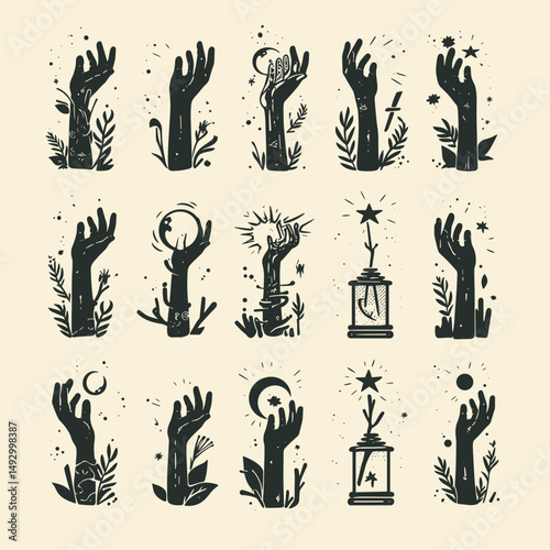 Celestial Reach: A compilation of artistic illustrations showcasing diverse hands reaching upwards, each intertwined with celestial bodies, mystical symbols, and natural elements.