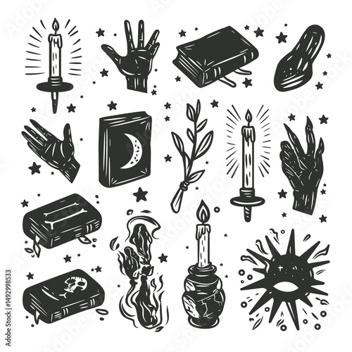 Mystical Symbols and Elements: An array of mysterious emblems and elements conjures a sense of intrigue. From ornate candles to ancient tomes and cryptic hands.