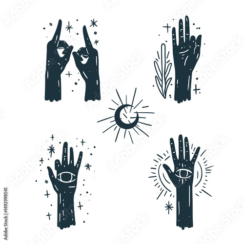 Mystical Hands & Celestial Symbols: Intricate illustration showcasing enigmatic hands and celestial elements, exuding an aura of ancient wisdom and esoteric symbolism.