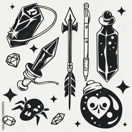 Mystical Objects: A collection of mysterious, vintage-style illustrations including dagger, arrow, potions, a crystal pendant, and spider against a backdrop of stars, inviting curiosity.