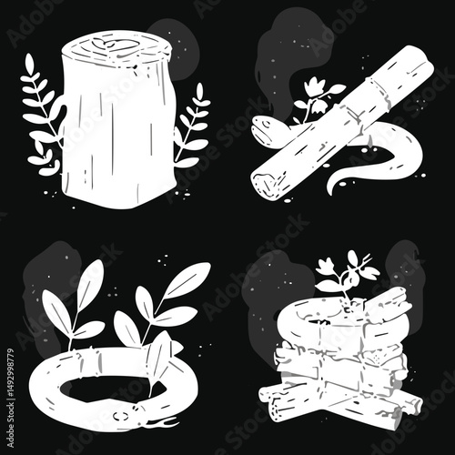 Woodland Icon Set: An artful assortment of meticulously crafted nature-themed icons in a high-contrast presentation, capturing the essence of the wild.