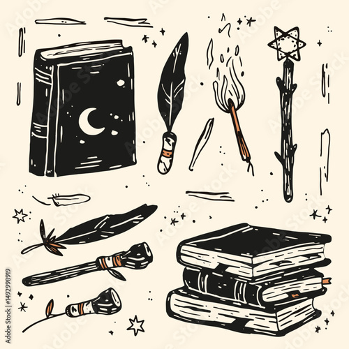 Mystical Conjuration: A collection of spellbinding artifacts: a spellbook, quill, lit match, and wand. Embark on an enchanting journey with this mesmerizing illustration.