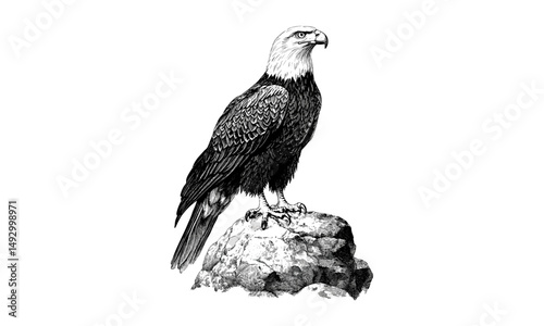 Hand-drawn eagle on rock, vintage wildlife etching, bird of prey line art, rustic fauna illustration, monochrome black sketch, retro ornithology print, detailed engraving style