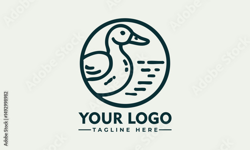 Minimalist Line Art Logo of a Duck in a Circle with Water Lines. Animal Logo Concept