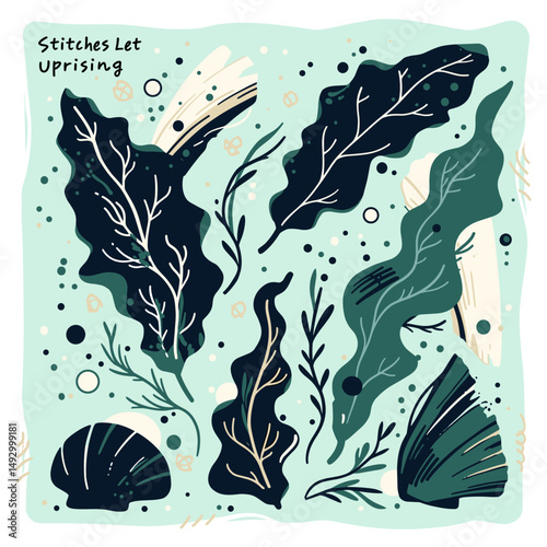Oceanic Abundance: A vibrant array of botanical elements, including kelp and other sea flora, dance gracefully within a stylized composition. A visually stunning marine scene.