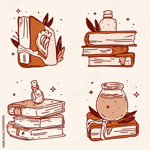 Vintage Books and Magic Potions: A set of four illustrations, each portraying a stack of ancient books adorned with mystical potions and natural elements, hinting at the secrets held within.