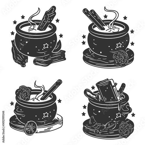 Witch's Brew: Conjuring mystery with four uniquely designed, stylized, detailed illustrations of simmering, magical cauldrons, each radiating a potent and aromatic essence.