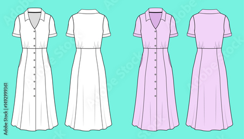 Ladies Short sleeve button down Shirt Dress colour way set fashion flat sketch CAD mockup front and back views.